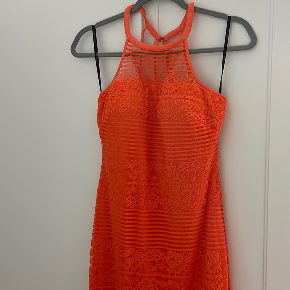 Orange Halter Floral Lace Midi Dress